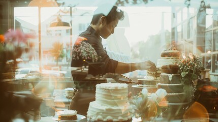 Wall Mural - A baker carefully decorates a beautiful cake in a cozy bakery, showcasing a blend of artistry and culinary passion.