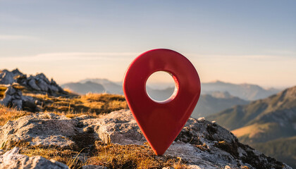 Wall Mural - Red location marker on rocky mountain. GPS, travel and tourism concept. Beautiful nature.