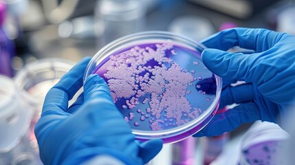 hands in blue gloves holding an open petri dish with red liquid while using a swab, test tubes filled with colorful liquids in a laboratory setting, scientific research and laboratory work