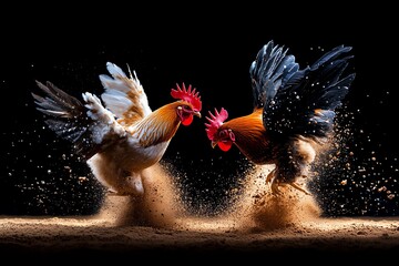 A dynamic scene of two fighting roosters in the heat of battle, with dust flying and feathers ruffled, capturing the intensity and energy of the competition