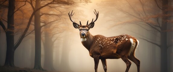 Wall Mural - A Spotted Deer in a Misty Autumn Forest