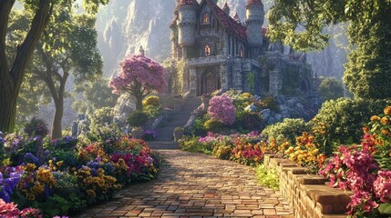 Whimsical medieval castle with a charming fairy tale garden, vibrant flowers, towering trees, and an enchanting brick border, paradise atmosphere