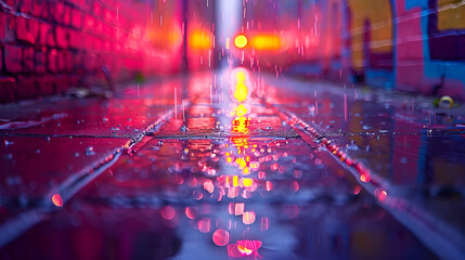 Wall Mural - a wet sidewalk with lights in the background