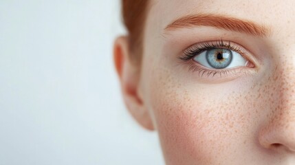 Sticker - Close-up of a woman's blue eye with freckles and long eyelashes.