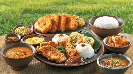 A Spread of Indonesian Food with Fried Chicken and Rice