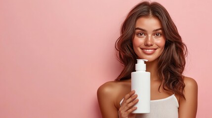 Canvas Print - Smiling woman holding a white bottle of lotion against a pink background.