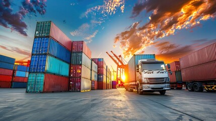 Container transporting goods to trucks in the shipyard. Cargo container