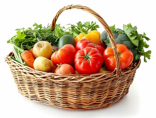 Wall Mural - A vibrant assortment of fresh vegetables and herbs in a woven basket, showcasing seasonal produce on a bright background