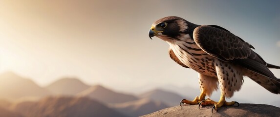 Wall Mural - A Peregrine Falcon Perched on a Rock with Mountains in the Background