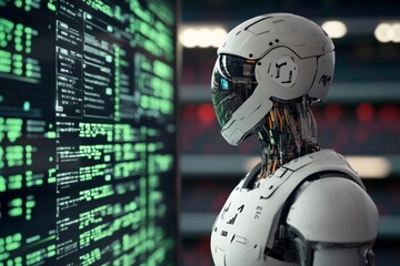 an advanced robot intensely focusing on analyzing programming codes on a high-tech display screen. t