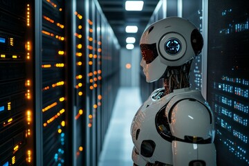 Wall Mural - an advanced ai robot is seen vigilantly monitoring the server racks in a data center, depicting the 