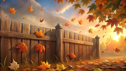 Autumn leaves on a rustic wooden fence