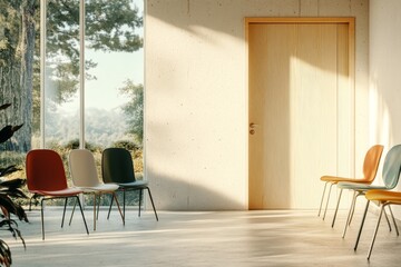 Sticker - Three-dimensional rendering of a modern conference room with colorful chairs and large windows, minimalist design, bright lighting, and an office space concept.