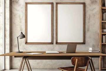 Canvas Print - A mockup of a light business room interior with a desk and laptop.