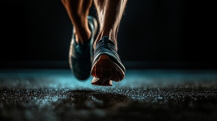 A close-up shot of an athlete's waist down, showcasing dynamic movement with a motion blur effect, captured under cinematic lighting against a black backdrop.