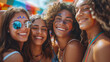 © Alina Tymofieieva - Group of friends celebrating joyfully at a vibrant outdoor festival on a sunny day