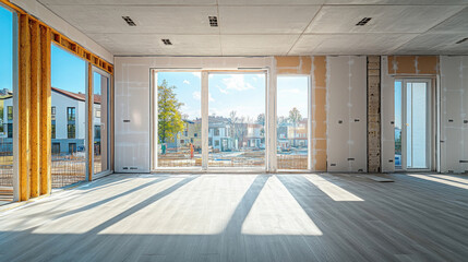 Modern apartment with large windows under construction with view on construction site