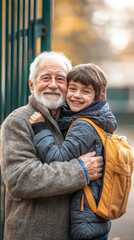 An older man and a young boy are hugging each other