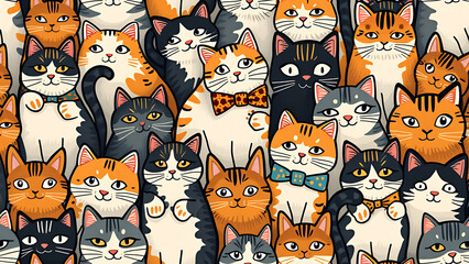 Hand drawn Japanese style seamless pattern of cats.