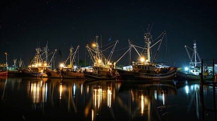 Nighttime scene of a commercial fishing operation with illuminated boats, fishermen working under bright lights, and a starry sky above