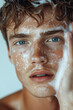 © Hew Pallot - caucasian man in his 20s with wet hair after face washing applying face wash with frothy lather