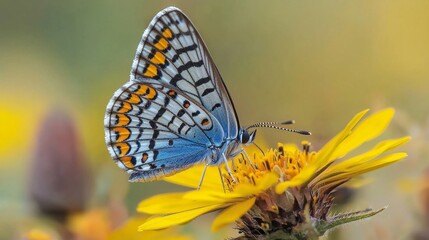 Sticker - Blue Butterfly on Yellow Flower  Closeup  Nature Photography