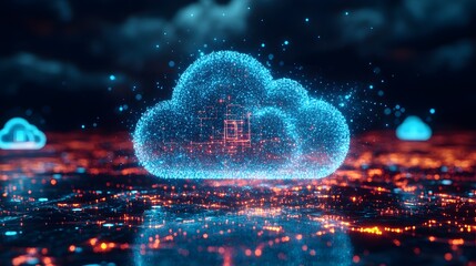 Poster - Glowing Blue Cloud Symbol in a Digital Landscape