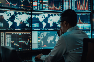 A global market analyst in an office with a world map and multiple screens displaying various international market indices. The analyst is on a video call, discussing global market trends