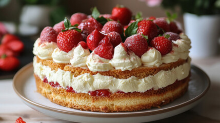 Delicious strawberry cake with whipped cream and strawberry glaze on a plate