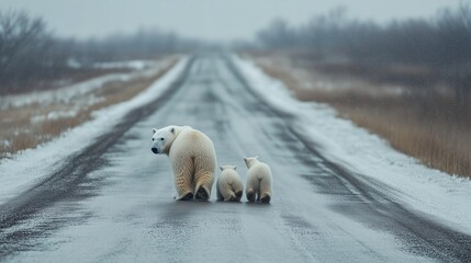 Polar bear and two cubs walking along a snowy road in early morning light