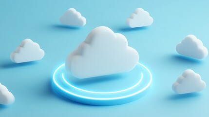 3D illustration of floating white clouds on a blue background, representing cloud computing and data storage solutions.