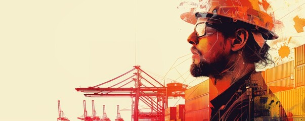 Wall Mural - A man in a hard hat is looking at a large crane