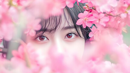 Wall Mural - Closeup of a woman's eye peeking through a pink flower blossom.