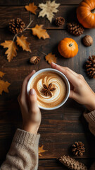 Woman hands holding warm cup of coffee cappuccino. Pumpkins and pine cones vertical top view. Autumn flat lay in hygge style