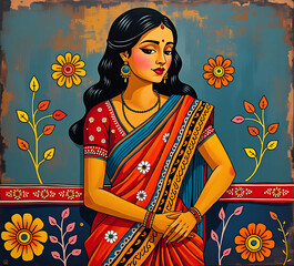 Colorful traditional Madhubani art from India of a woman in a sari on a textured background.