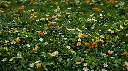 Fresh green grass and delicate white flowers creating a peaceful background