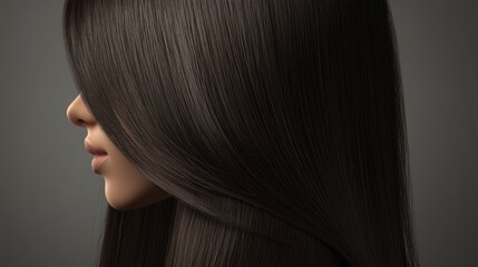 Wall Mural - A woman showcases her long, straight, dark hair, which falls gracefully over one side of her face, creating a striking silhouette in soft lighting.