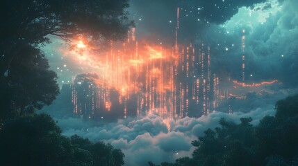 Wall Mural - Digital Rain Falling Through the Clouds in a Night Sky