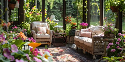 Traditional garden room with vintage furniture and colorful flowers