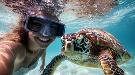 An underwater selfie with a sea turtle in the background.