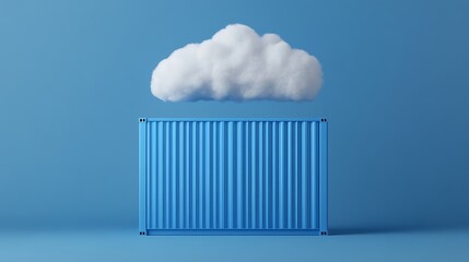 Wall Mural - A blue shipping container with a cloud floating above it against a blue background. Concept of cloud technology and logistics.