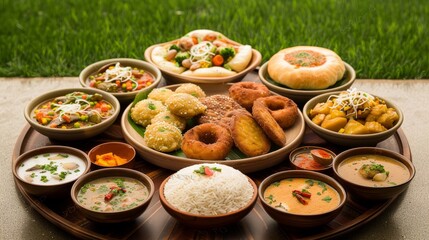 A Traditional South Indian Thali Meal Spread on a Wooden Platter