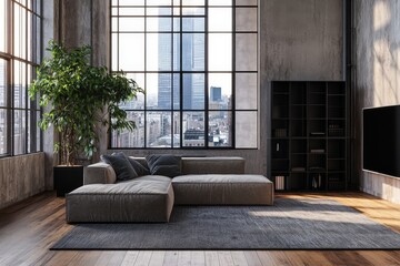 Wall Mural - The interior of an elegant home living room features a sofa and armchair, as well as panoramic windows