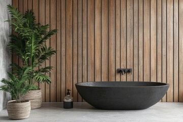 Canvas Print - Light interior design concept with dark bathtub and black fixtures, light wood panel wall, and grey floor. 3D rendering.