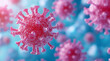 © Olha Havelia - A group of cartoon-style virus cells on a blue and pink color surface, 3D rendering illustration, isolated background.