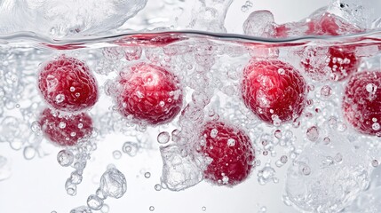 Wall Mural - Fresh raspberries splash into clear water creating bubbles and ripples in a bright setting