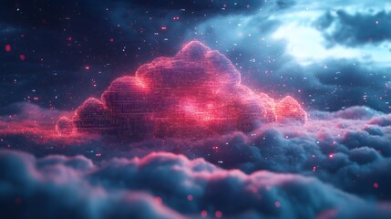 Poster - Digital Cloud with Red Lights in a Dark Cloudy Sky