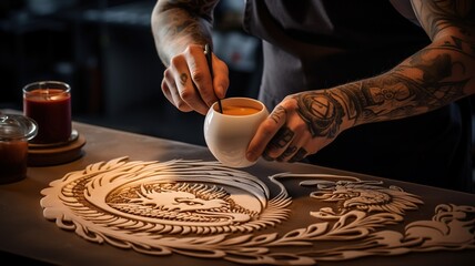 An artistic barista creating intricate latte art of a dragon on a creamy surface.