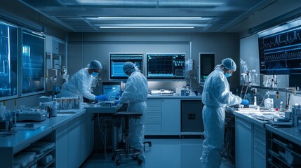 Wall Mural - two scientists in protective gear diligently conduct experiments and analyze samples in a high-tech 