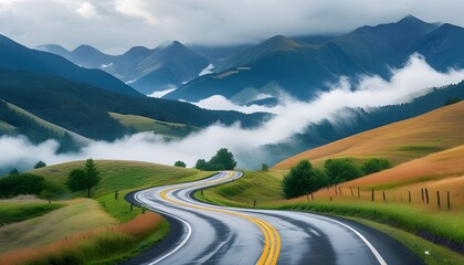 Wall Mural - The winding country roads pass through the mountains and are shrouded in clouds and mist, showing the magnificent scenery of nature.